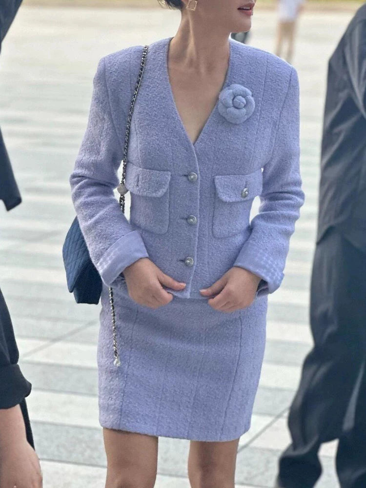 High-end violet suit, coat skirt, wool tweed star Zhou Xun has the same two-piece set.