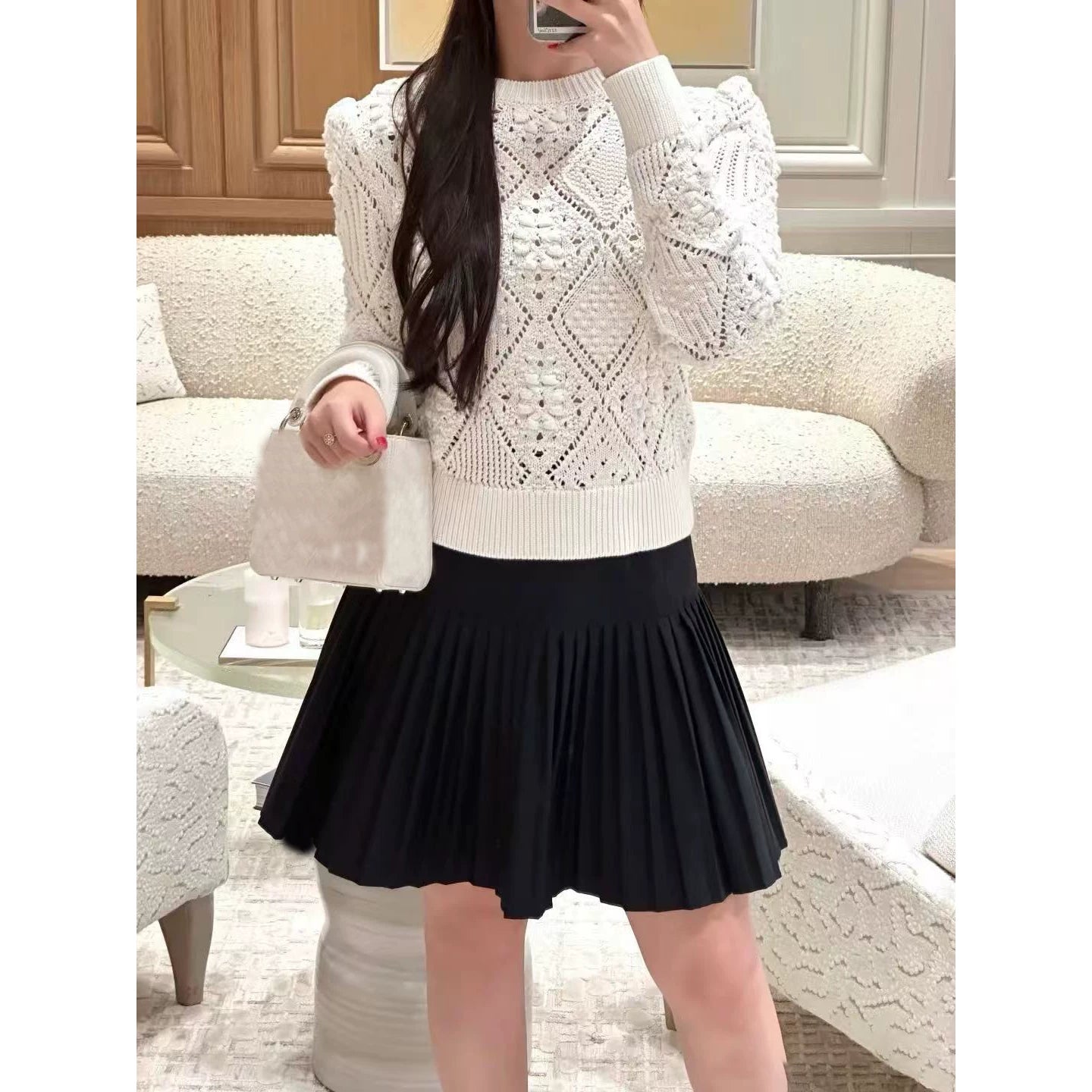 2025 autumn and winter French senior heavy industry handmade rhombus pattern hollow crochet crew neck knitted pullover cardigan jacket women