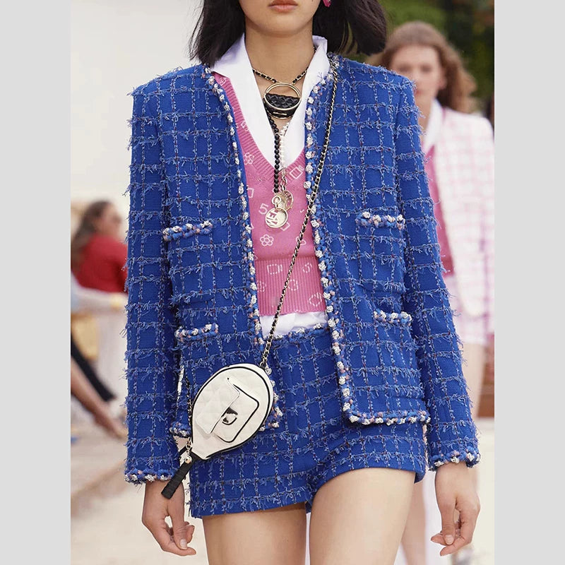 Star Wang Yibo same coat women's blue plaid tweed haute couture celebrity temperament couple top