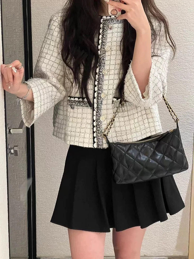Spring and summer new celebrity suit jacket seven-quarter sleeve cape skirt wool tweed woven two-piece set