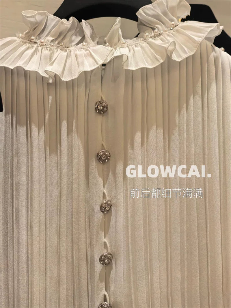 Spring and summer 26ss June 26 Spring and summer mulberry silk pearl embellished lace handmade workshop series heavy industry pleated three-dimensional fan design shirt