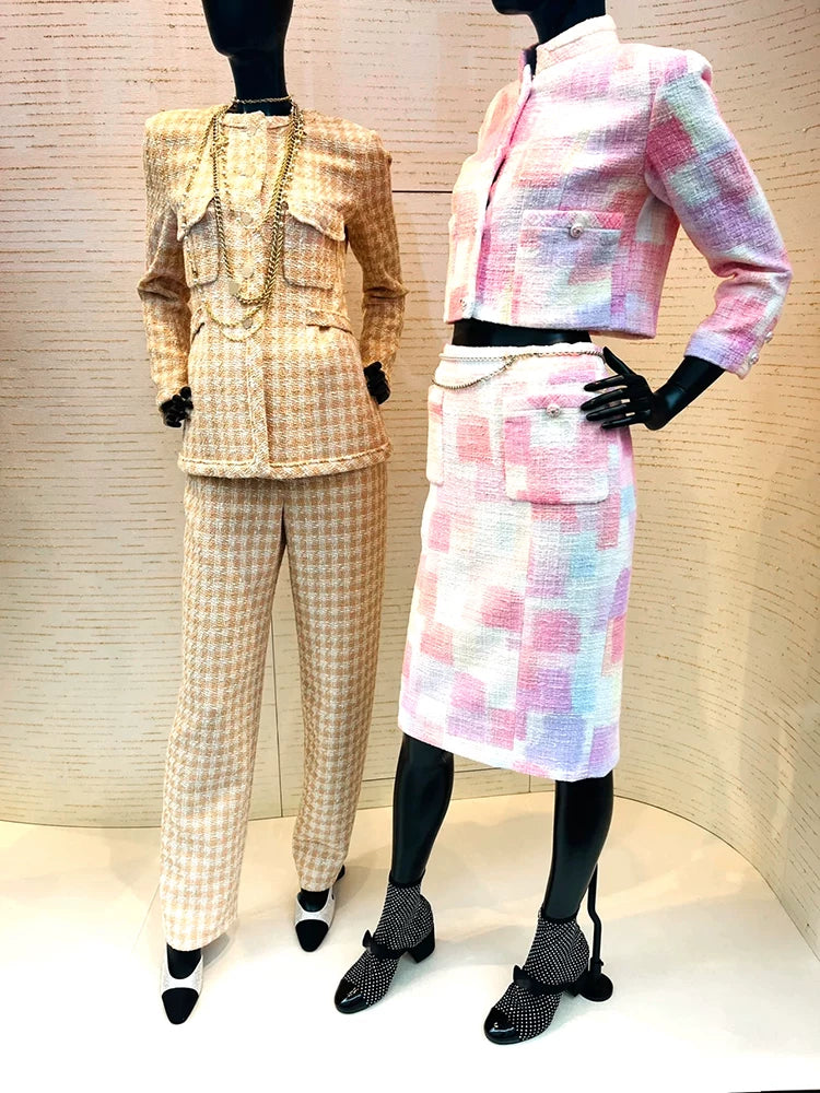 New plaid jacket straight-leg pants celebrity style high-end wool tweed suit two-piece set