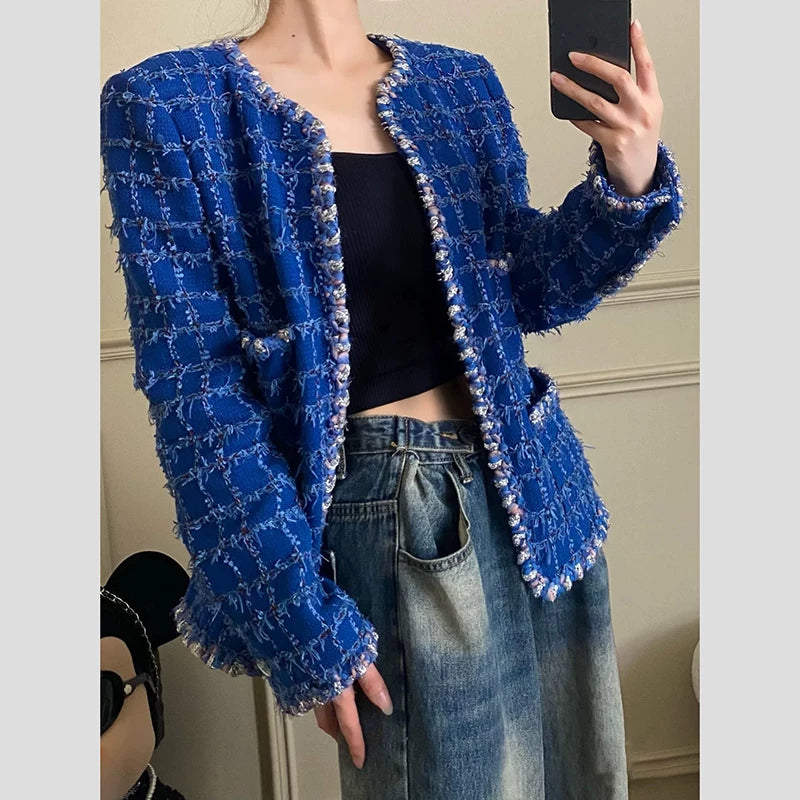 Star Wang Yibo same coat women's blue plaid tweed haute couture celebrity temperament couple top