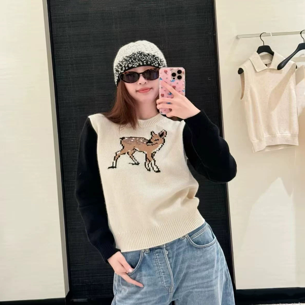 2025 autumn and winter models contrasting color design chest bow embroidery color matching cashmere knitted pullover long-sleeved top women