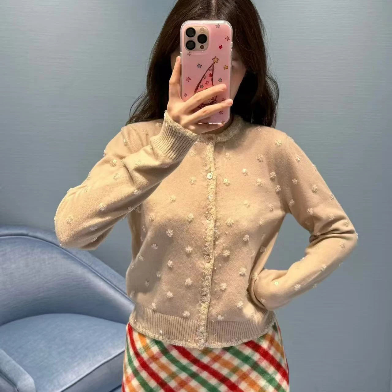 2026 early spring design French high-end heavy industry three-dimensional bead thousand gold round neck cashmere knitted cardigan women