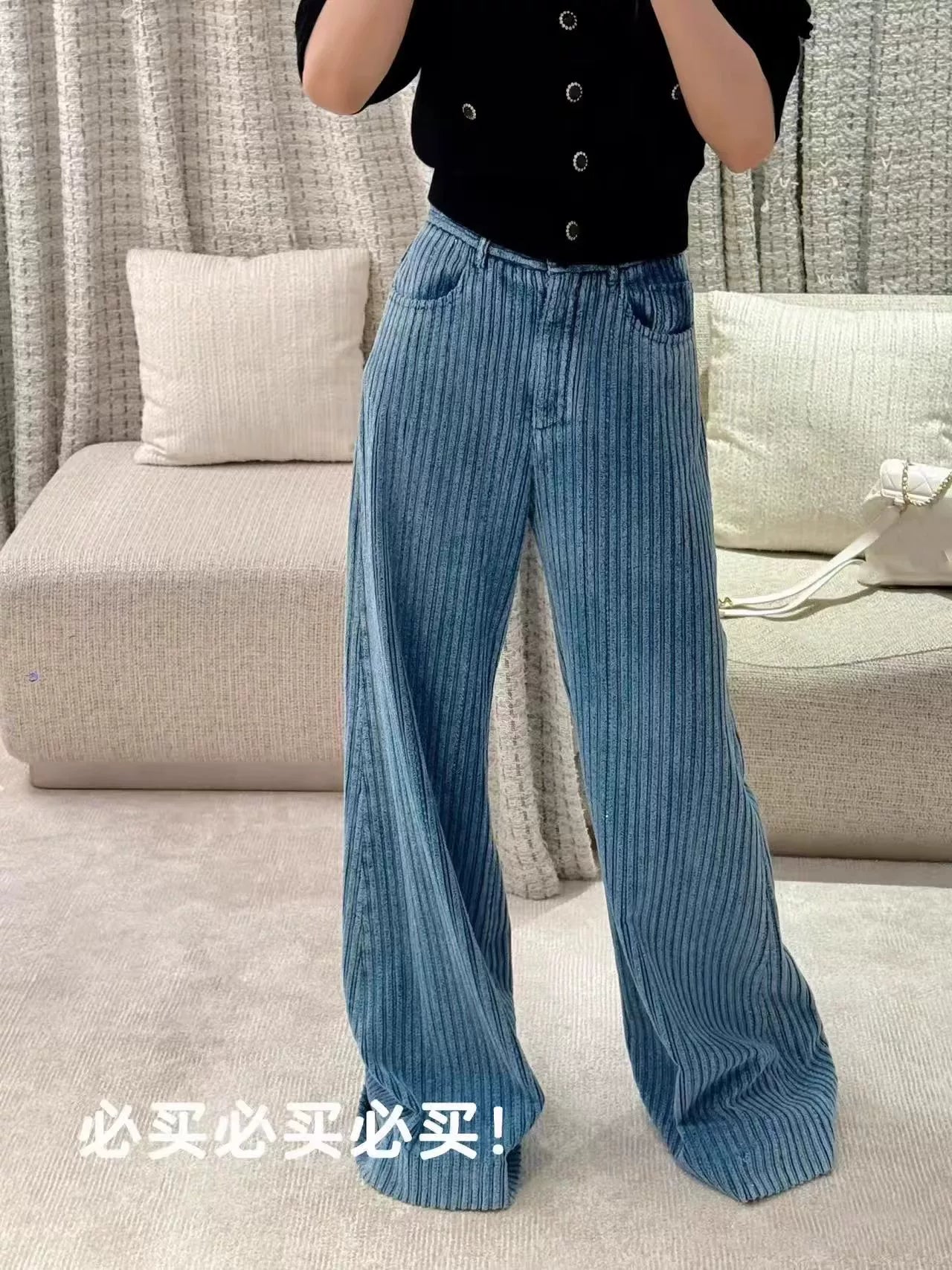 2025 autumn and winter high-end retro blue shiny corduroy wide-leg pants long pants high waist legs long floor pants women
