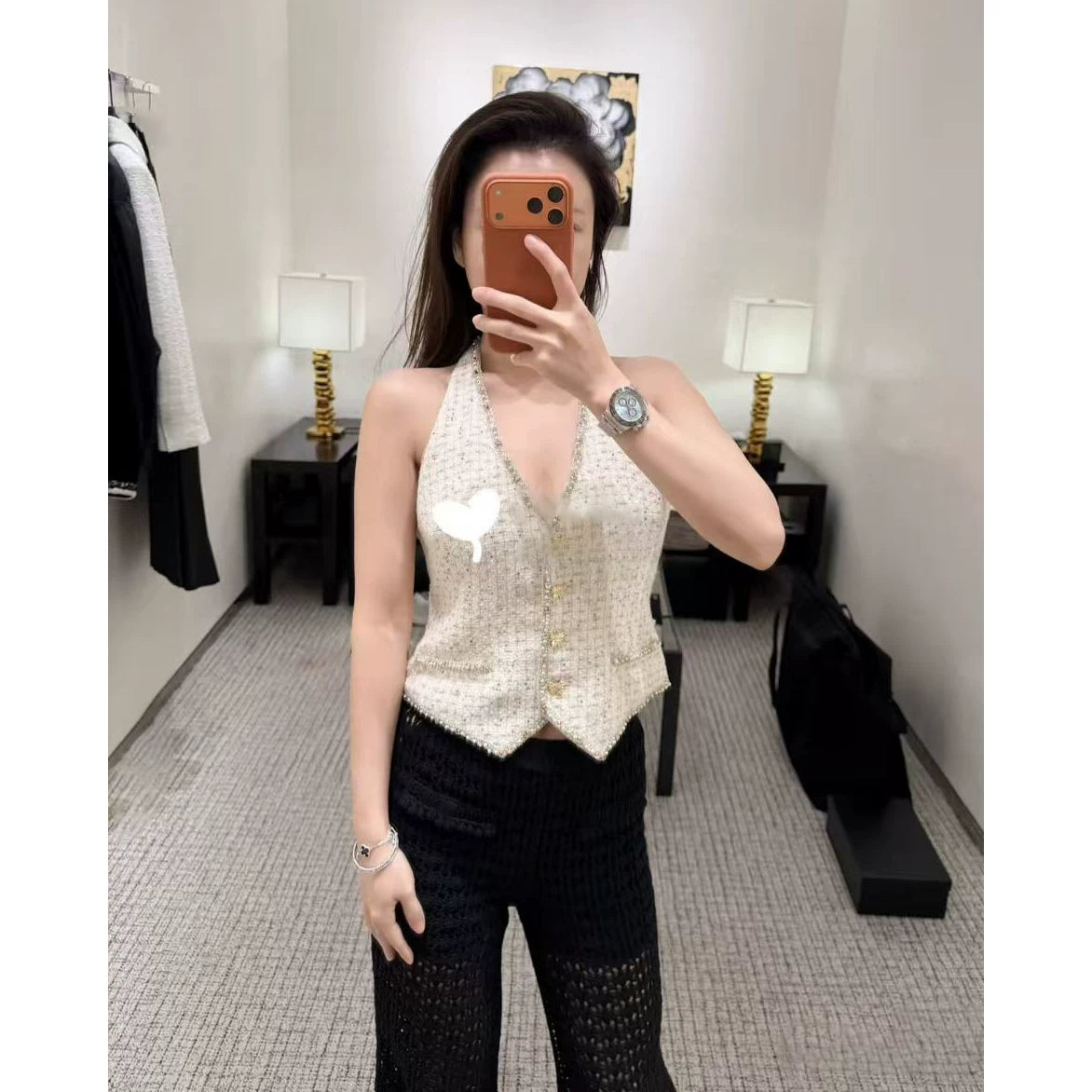 2026 early spring French high-end heavy industry beads pure desire wind neck slim and thin sleeveless vest suspender top