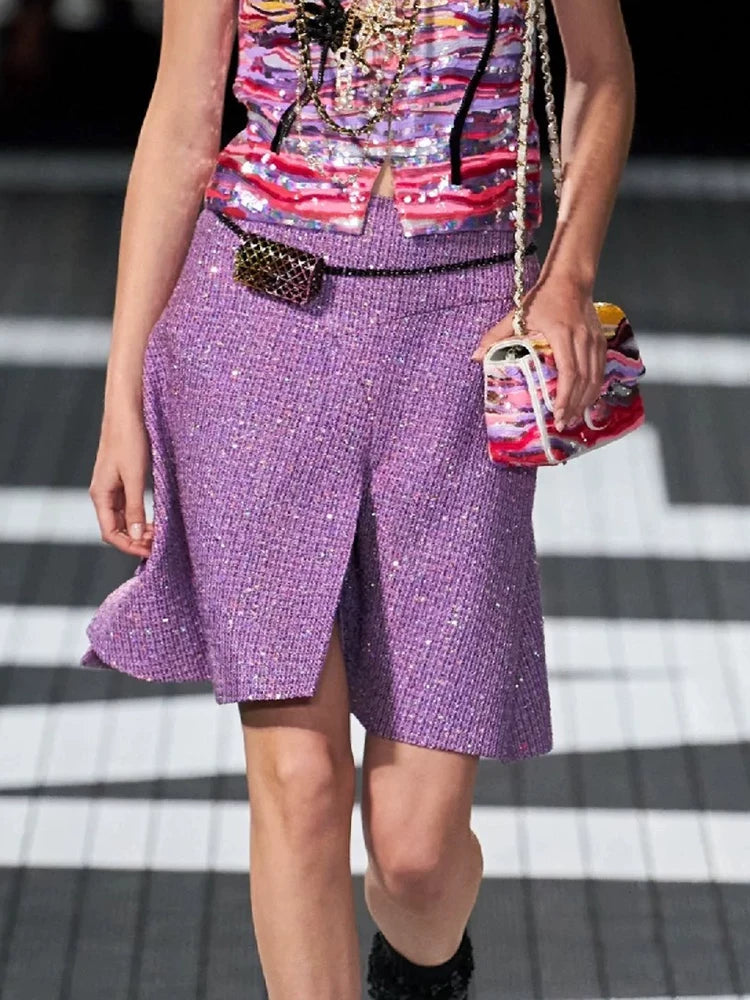 New vest shorts skirt set haute couture wool tweed premium sequins purple temperament women's clothing