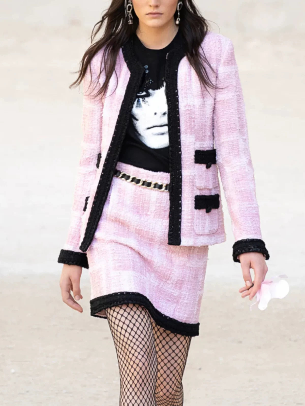 25 short coat and skirt women's new two-piece set vacation series pink tweed splicing spring and autumn set