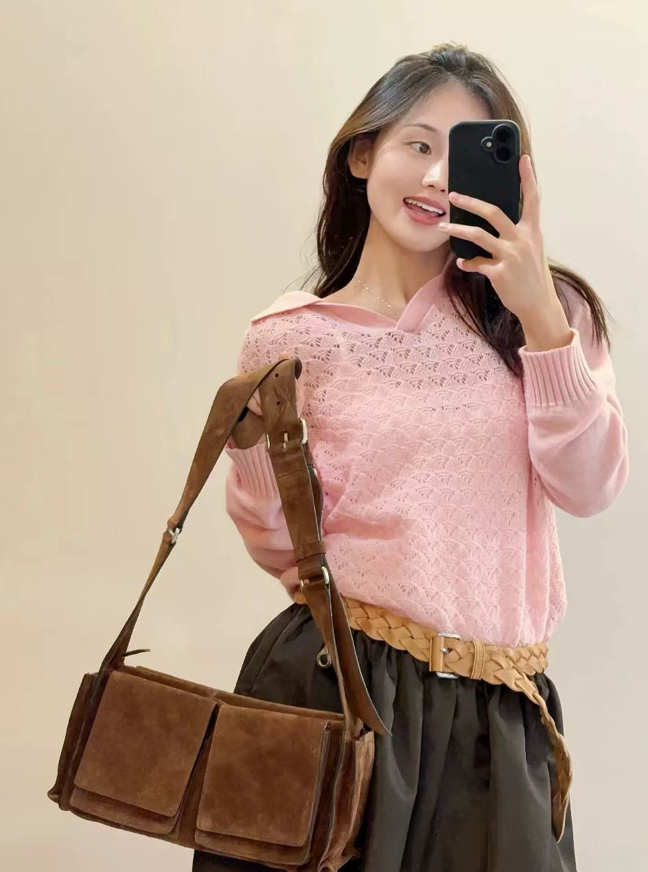 2026 Early Spring College Style Design Sense Gentle Wind V-Neck Letter Embroidery Hollow Knitting Soft Long Sleeve Top Women