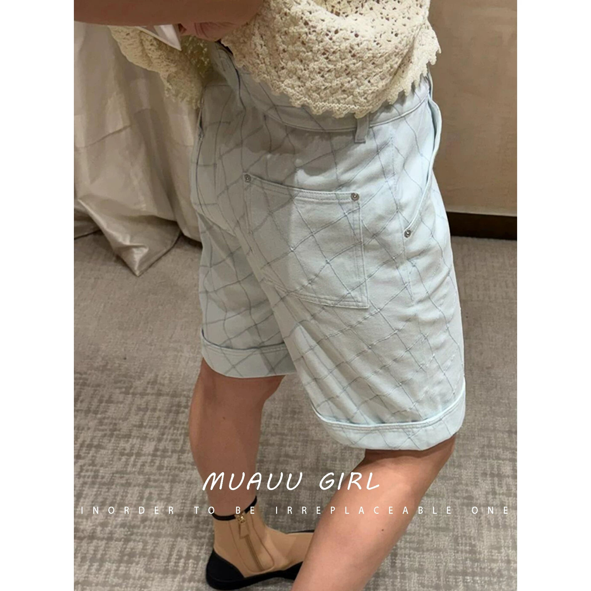 Spring/summer 26ss June MUAUU GIRL vacation collection! 26SS rhombus denim jacket/trousers/shorts/dress