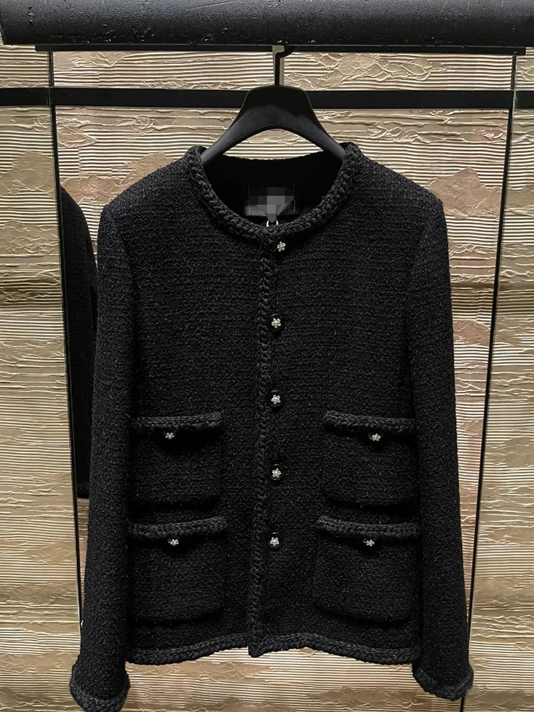 Autumn and winter new coat women's crew neck long sleeve four pockets wool blend classic black tweed top