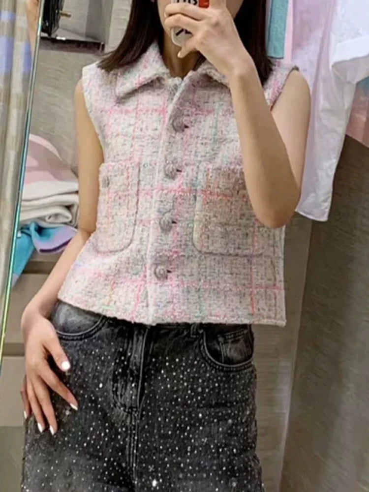 2024 early spring vest women's lapel vest colored plaid tweed celebrity temperament slim top