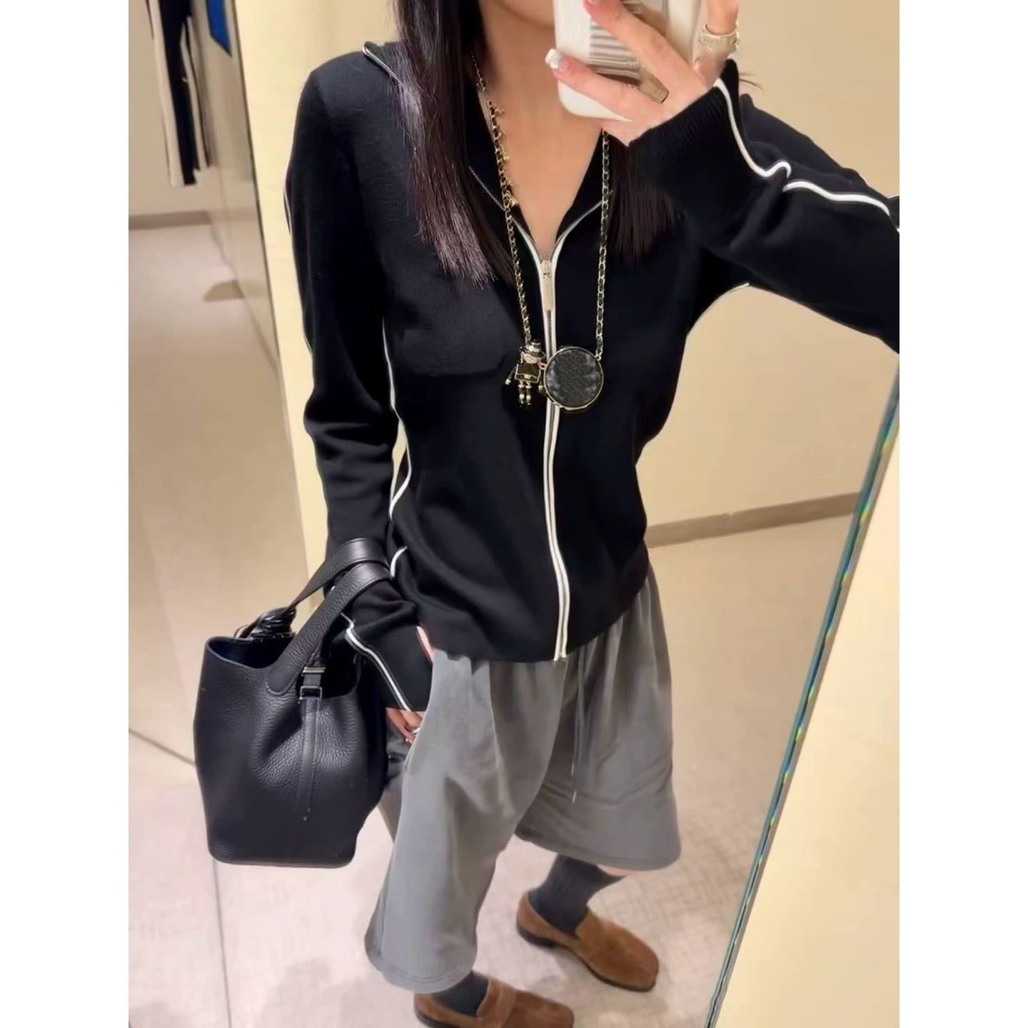 2025 autumn and winter heavy industry skiing letter embroidery slim-fitting thin cashmere knitted hooded zipper long-sleeved cardigan jacket