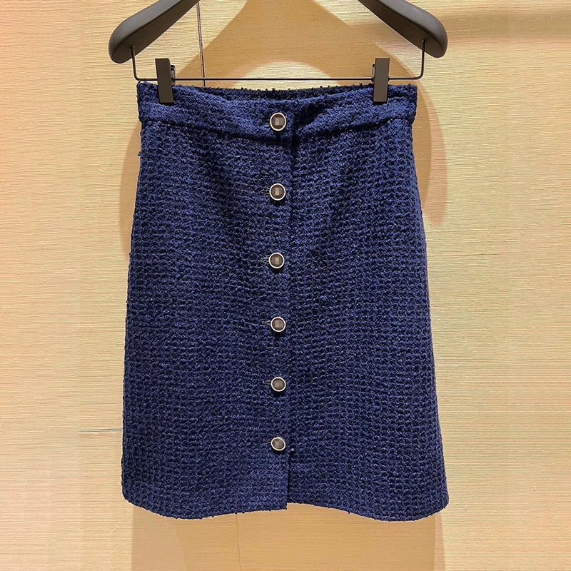 25 New suit jacket jacket skirt button skirt dark blue twill woven soft tweed two pieces