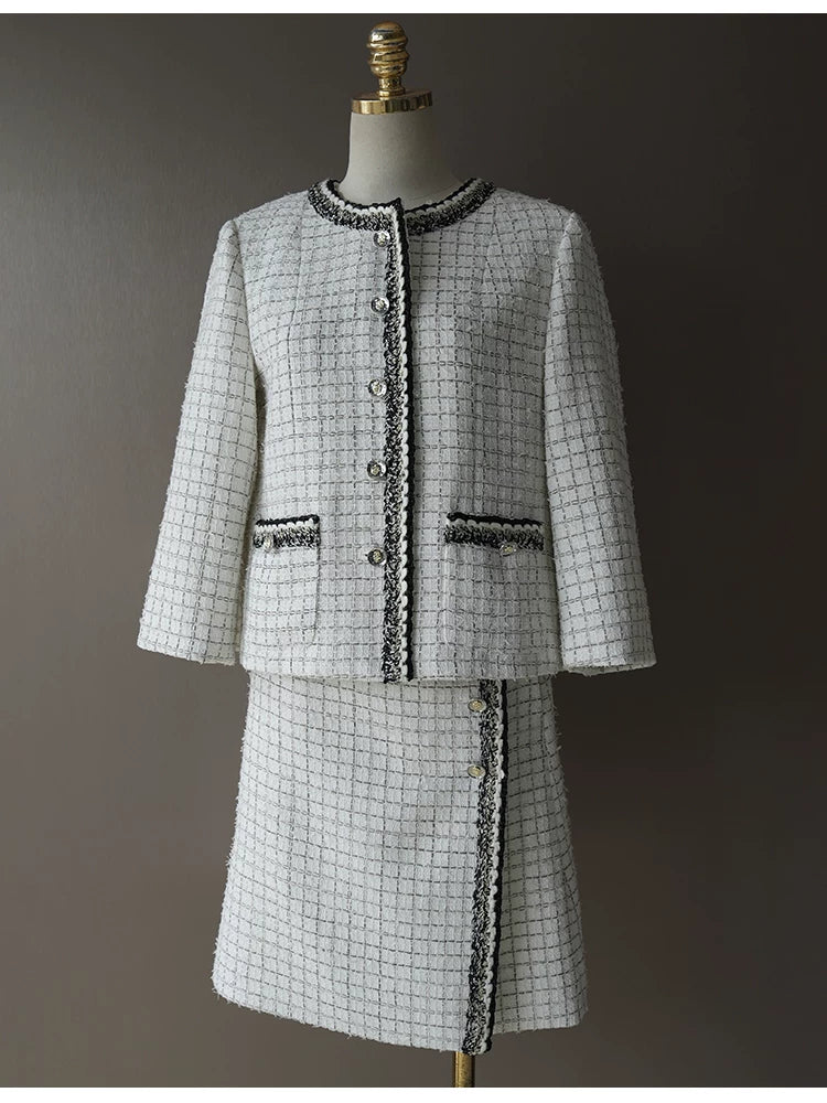 Spring and summer new celebrity suit jacket seven-quarter sleeve cape skirt wool tweed woven two-piece set