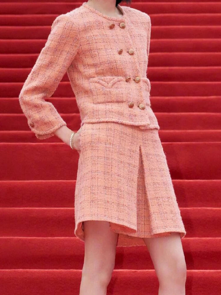 Early autumn new orange plaid jacket skirt female retro celebrity temperament high-end wool tweed suit