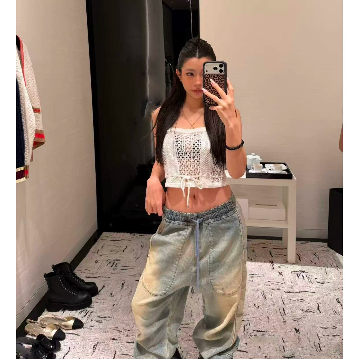 2026 early spring design sense high temperament white crochet woven hollow drawstring sleeveless sling vest top women