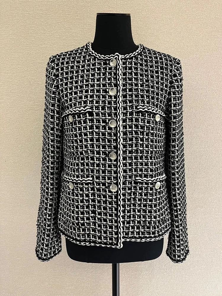 New jacket in early spring 25 women's round neck with four pockets black and white plaid woven wool tweed top