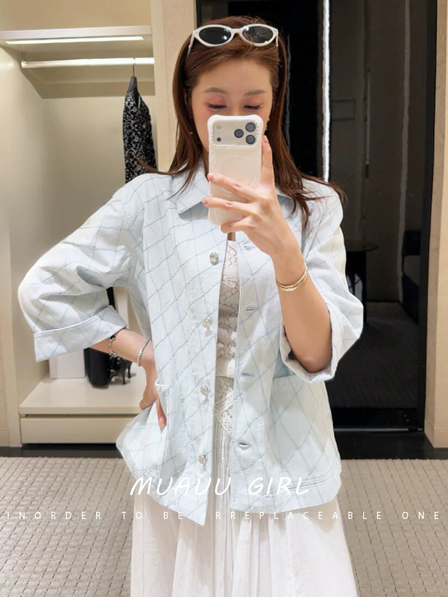 Spring/summer 26ss June MUAUU GIRL vacation collection! 26SS rhombus denim jacket/trousers/shorts/dress