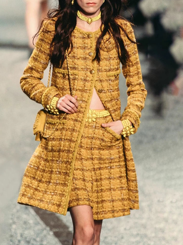Autumn and winter new coat, coat, skirt, yellow high-end wool tweed celebrity suit women's clothing