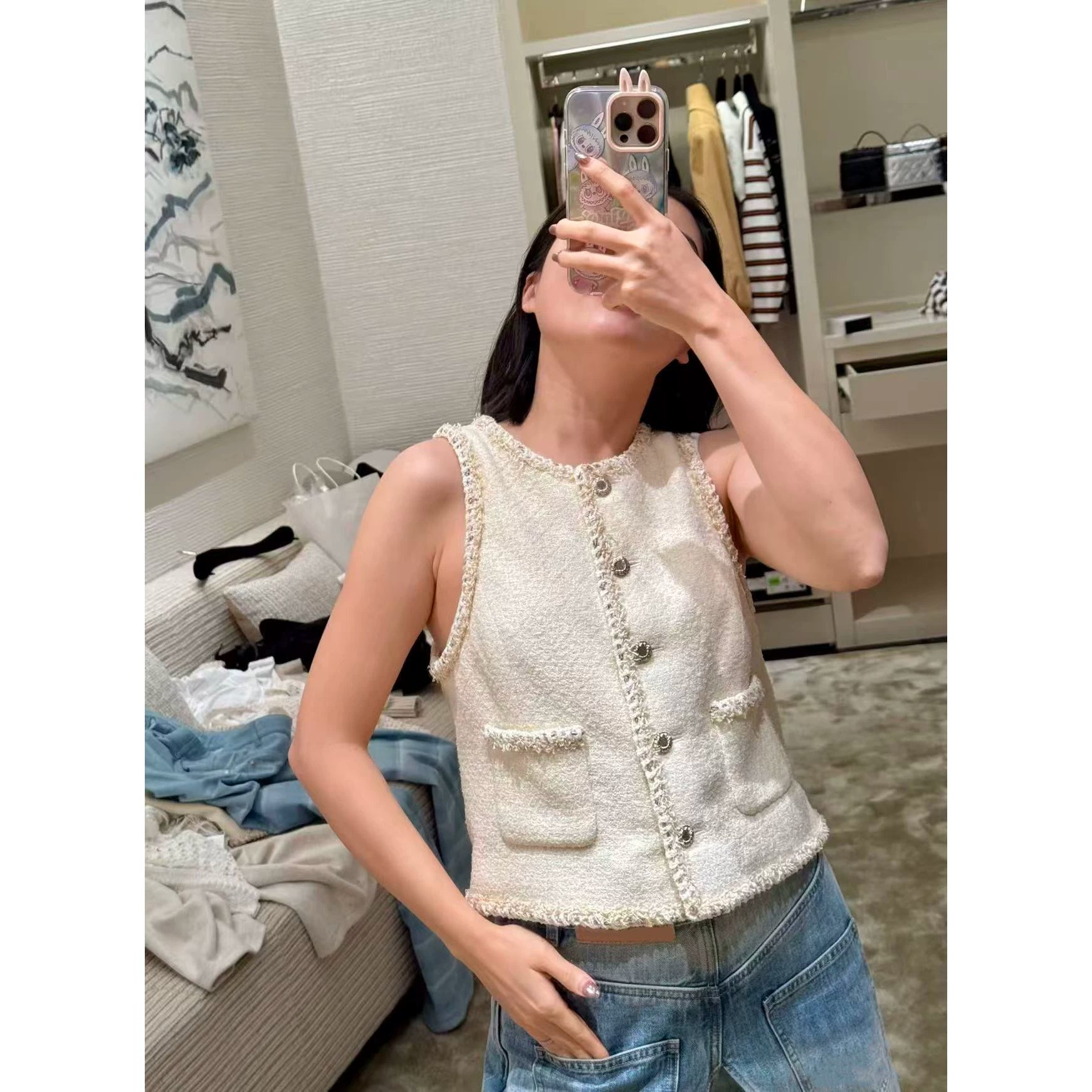 2026 early spring French high-end contrasting tweed heavy industry weaving celebrity temperament single-breasted vest vest women