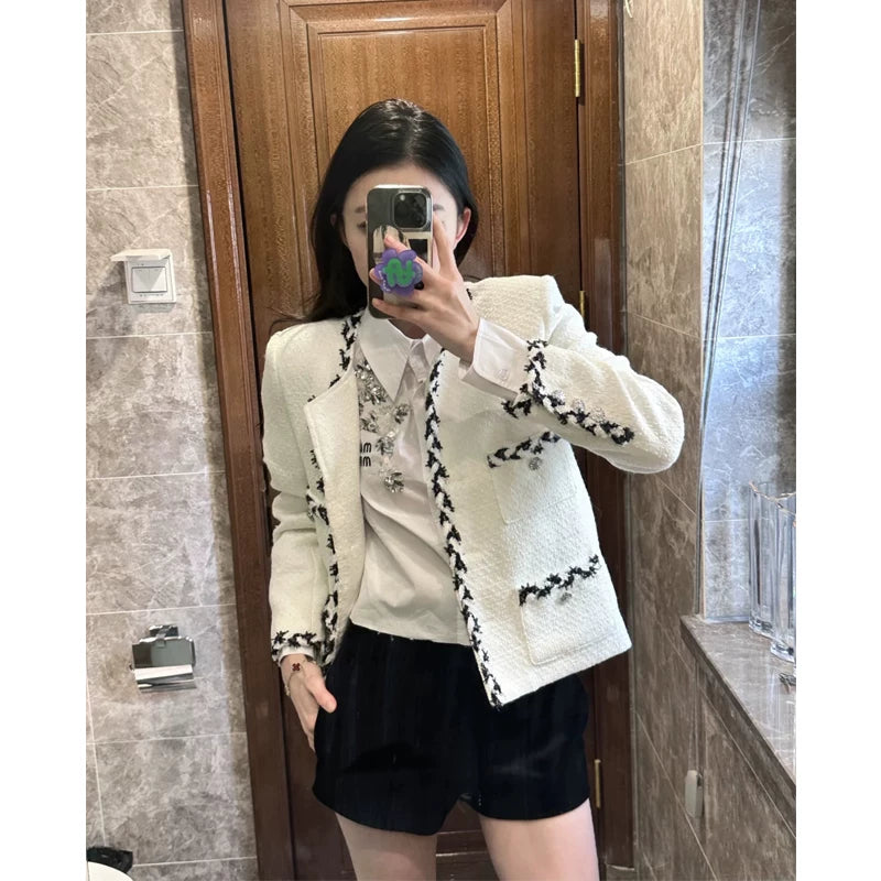 Delicate small trimmed jacket women's short celebrity high-end tweed versatile beige top
