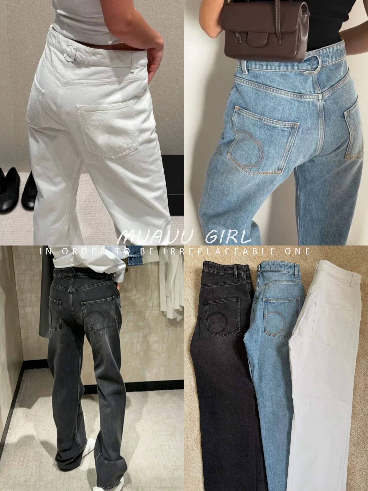 Spring and summer 26ss MUAUU GIRL is hot in June! 26SS Heavy Industry Dyeing School Bag Buckle Multi-Pocket Embroidered Straight Jeans
