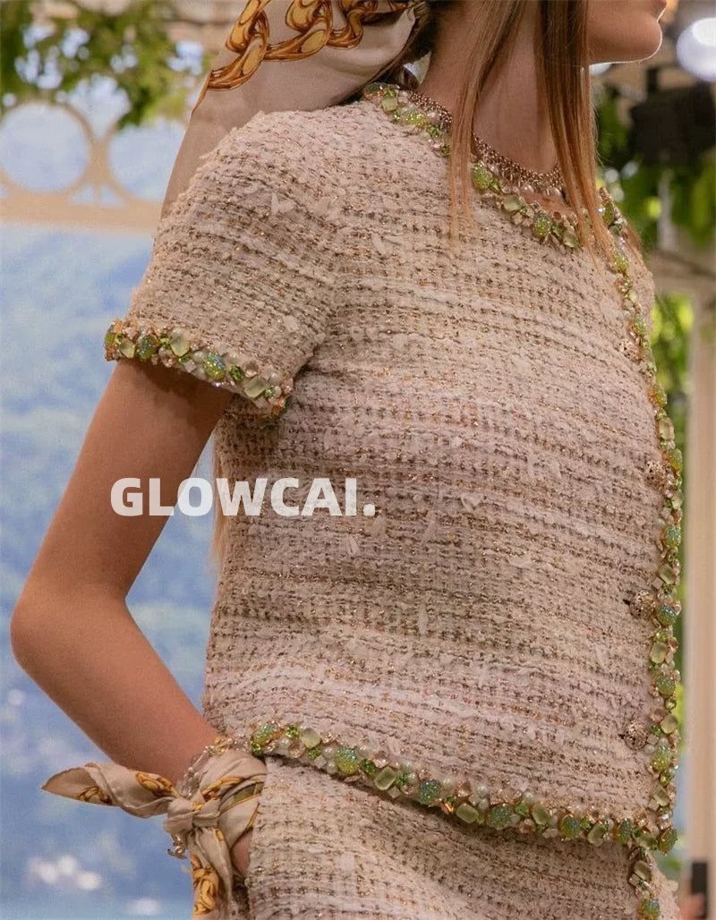 Spring and summer 26ss June 26c Fragrant wind vacation series daughter heavy industry rice gold tweed green bead short-sleeved crew neck jacket top
