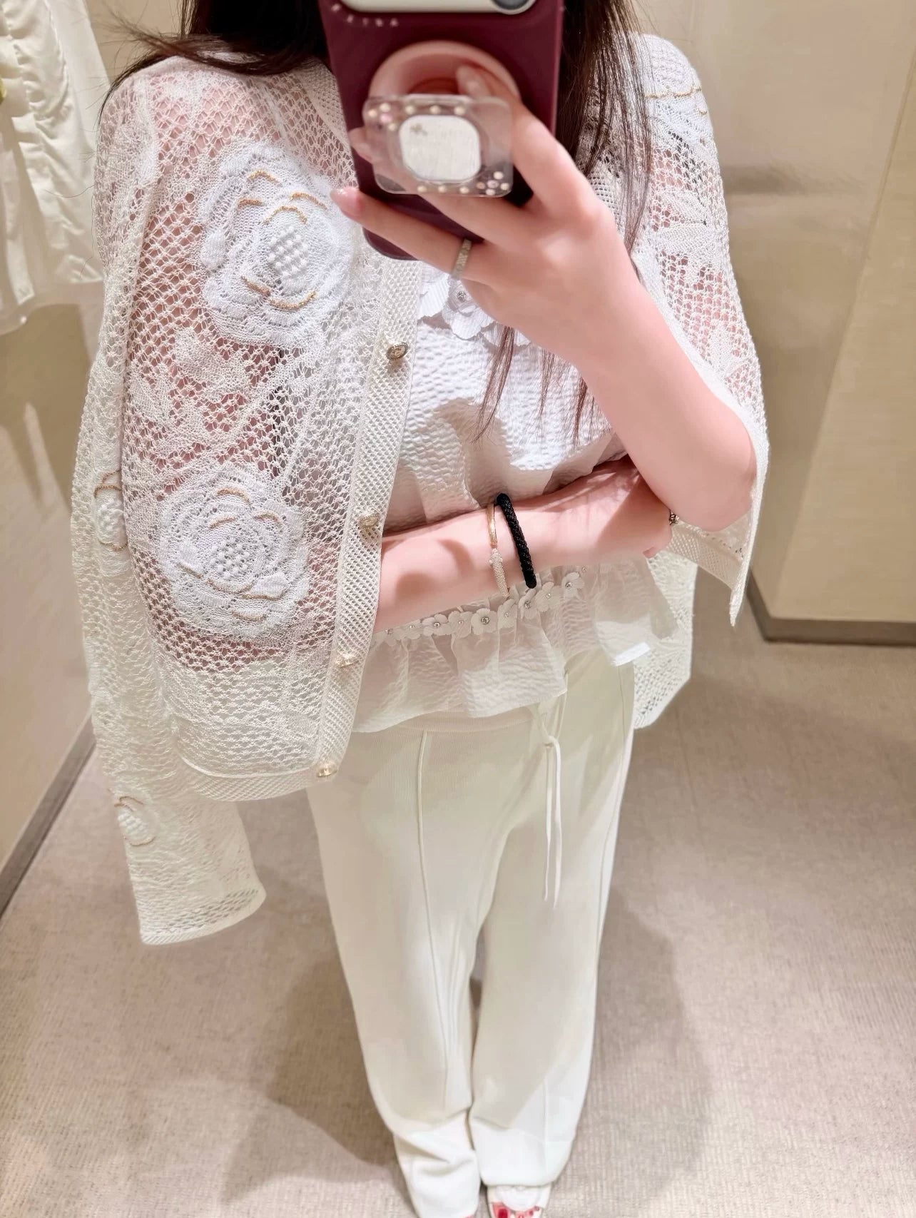 Spring and summer 26ss June CHRIS lace hollow coat, camellia lace cardigan, spring and summer temperament knitted sweater