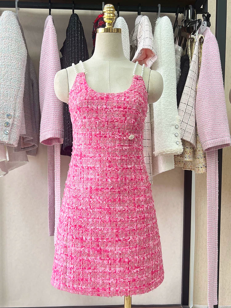 High-end dress women's pearl suspenders pink waist and thin daughter French style celebrity sexy skirt