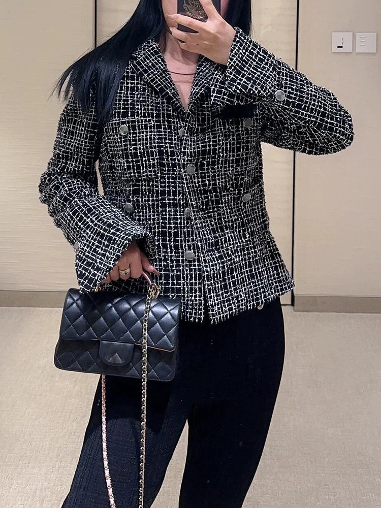 24 Spring and Autumn New Celebrity Temperament Plaid Jacket Women's Suit Collar Short Superior Tweed Wool