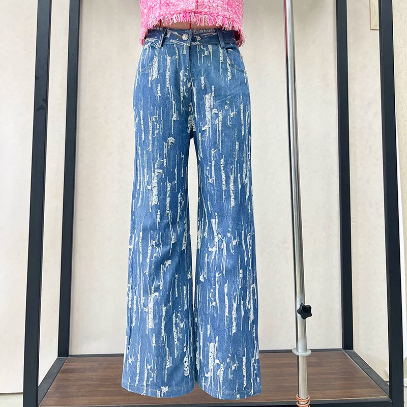 French retro jeans women's 2025 summer loose straight trousers wide-leg trousers snakeskin pattern personalized trendy trousers