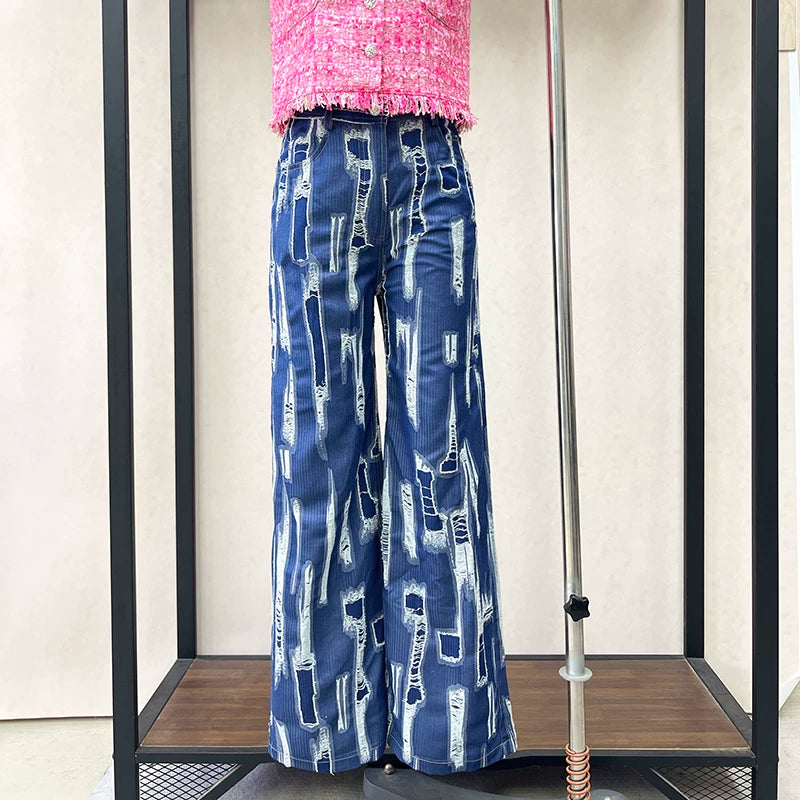 French retro jeans women's 2025 summer loose straight trousers wide-leg trousers snakeskin pattern personalized trendy trousers