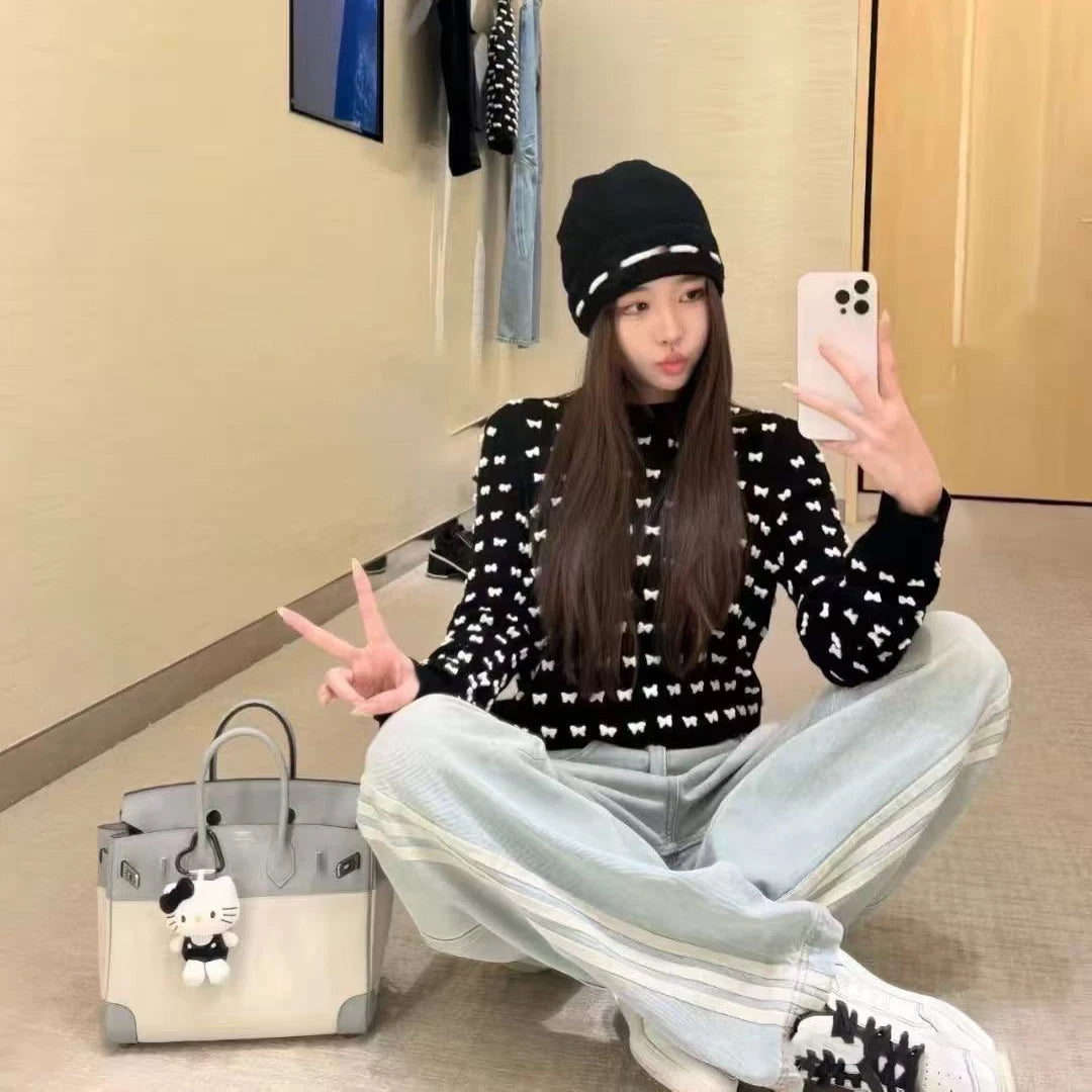 2025 early autumn models heavy industry design bow fashion slim slim slim round neck cashmere T-shirt short sleeve top women