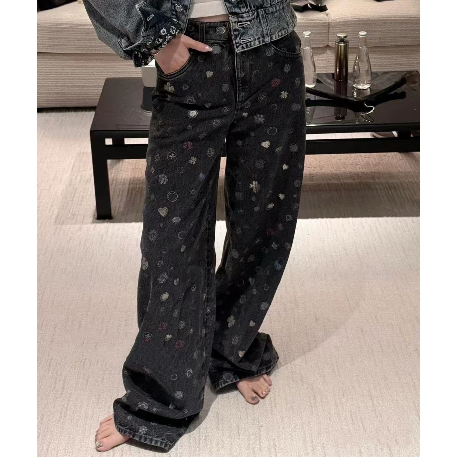 2025 autumn and winter design sense printing washed multi-element high-waisted pants show thin legs long jeans wide-leg pants women