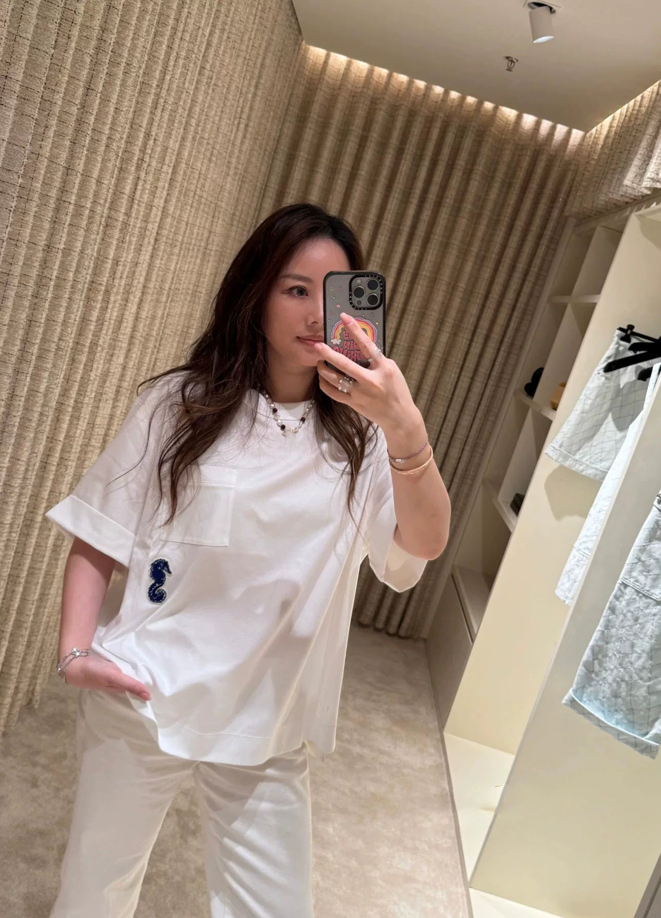 Spring and summer 26ss June, Nanyou 2026 spring and summer new hippocampus embroidery pocket design loose round neck casual soft T-shirt short-sleeved top