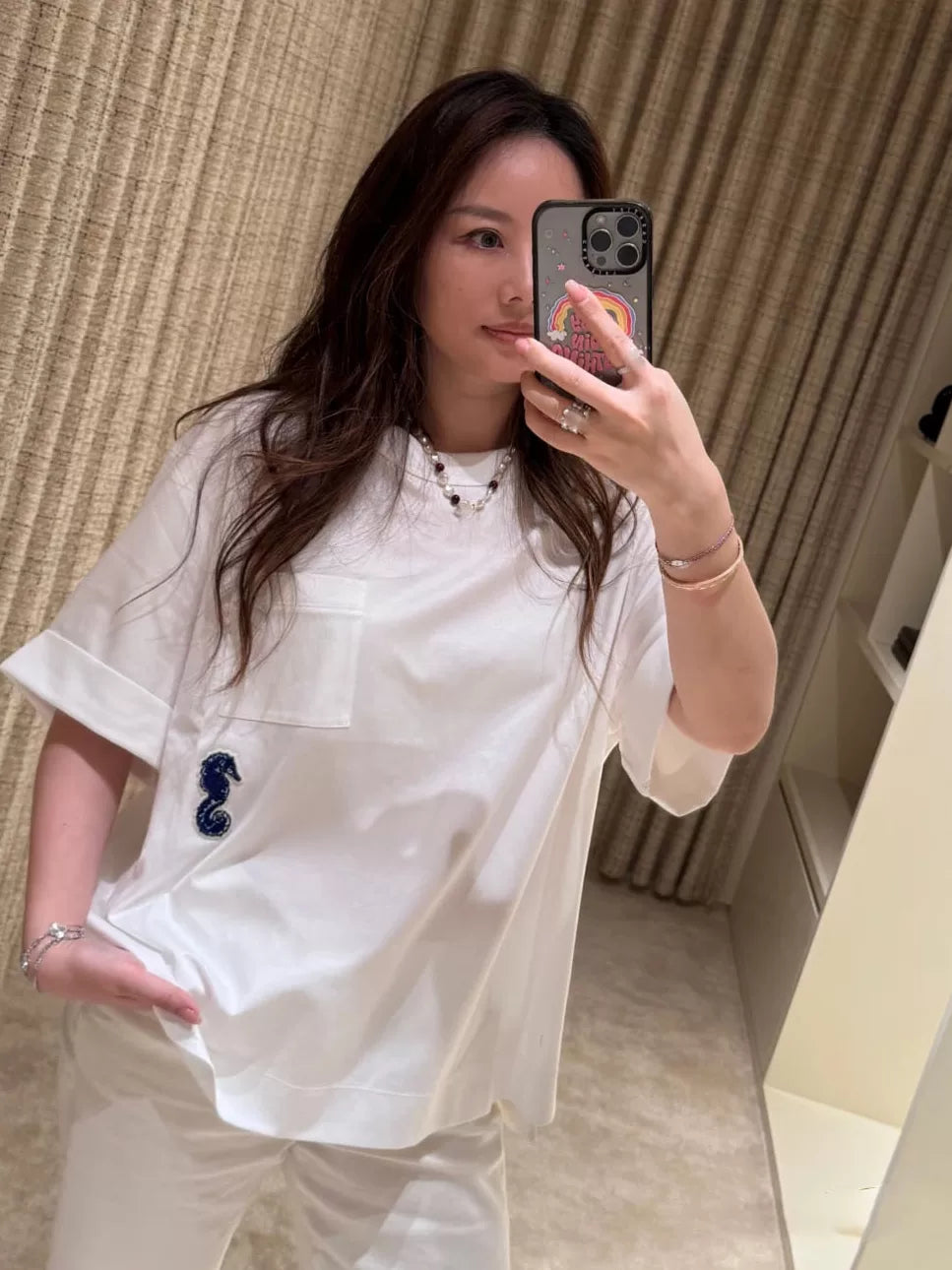 Spring and summer 26ss June, Nanyou 2026 spring and summer new hippocampus embroidery pocket design loose round neck casual soft T-shirt short-sleeved top