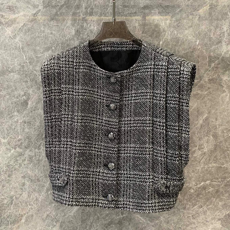 25 Early Autumn Vest Half Skirt High Waist Skinny Big Skirt Short Skirt Grey Sequined Wool Tweed Set