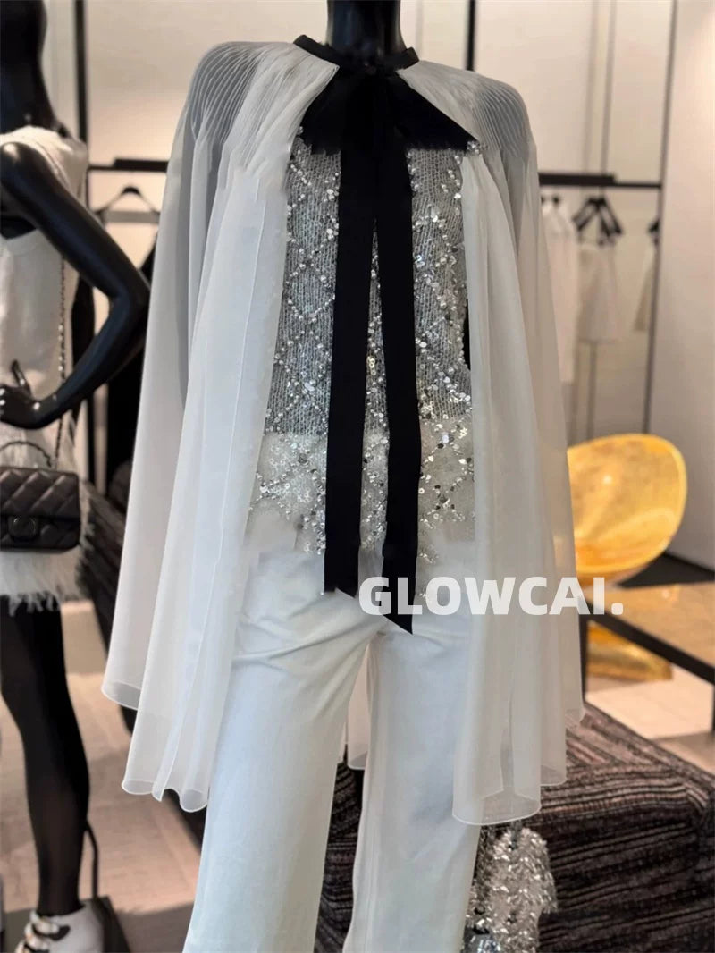 Spring and summer 26ss June, mulberry silk~ 25s spring and summer white moonlight fairy white bow strap shawl cape shirt temperament top