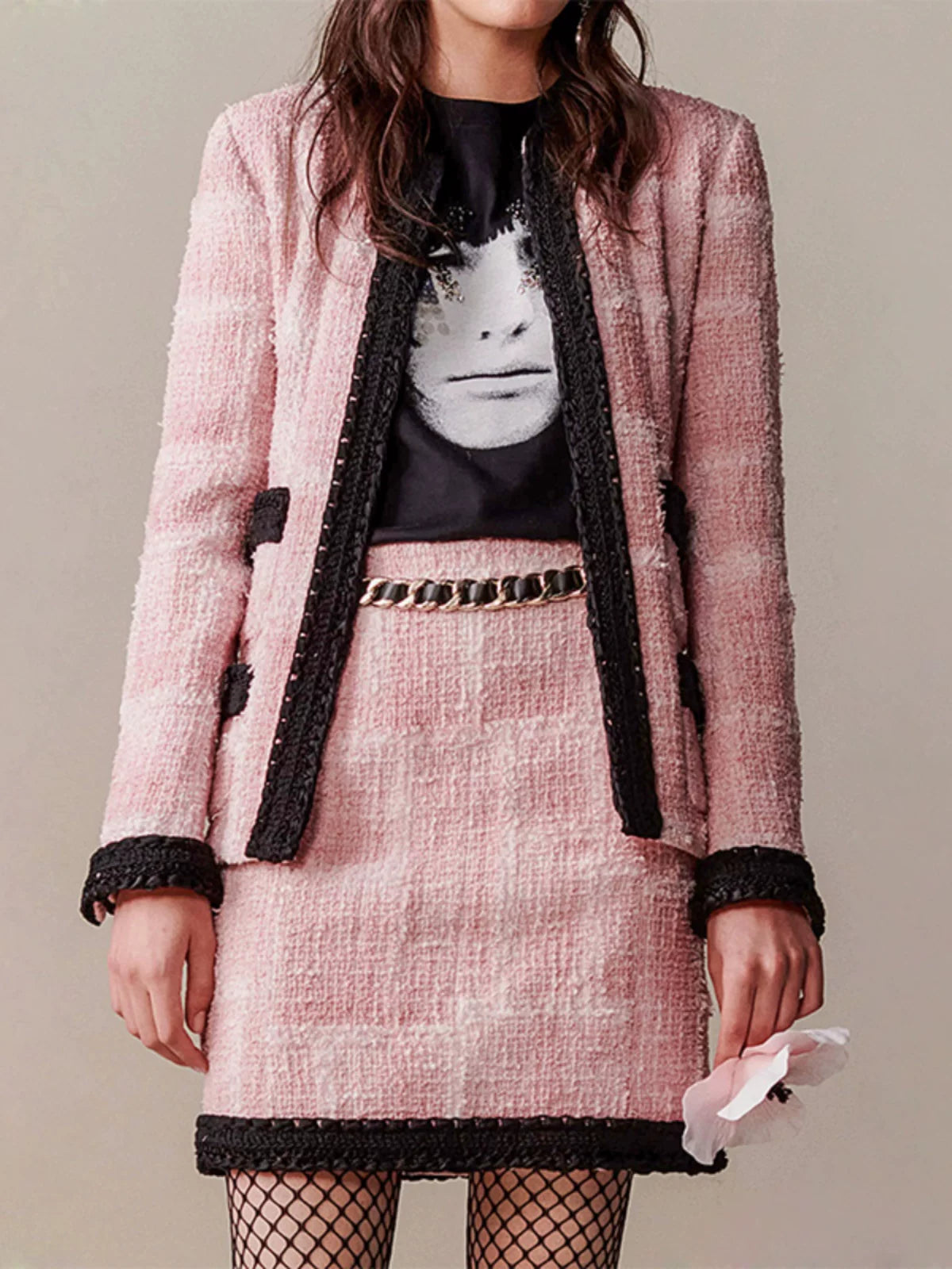 25 short coat and skirt women's new two-piece set vacation series pink tweed splicing spring and autumn set