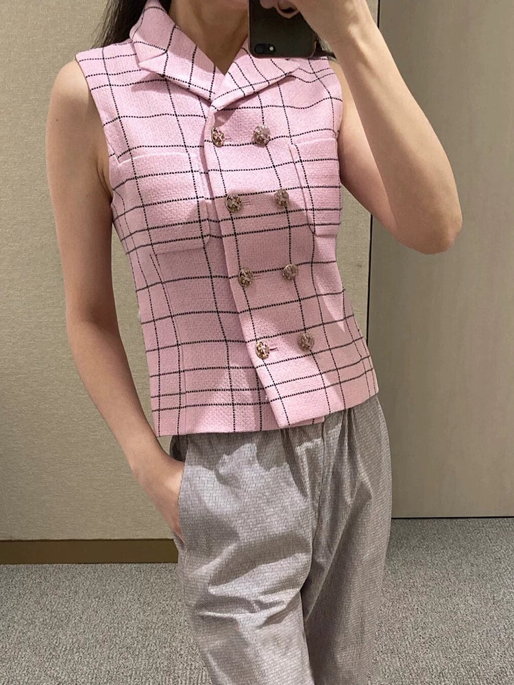Jacket Women's Spring and Summer Thin Wool Commuter Suit Collar Double-breasted Plaid Vest Celebrity Temperament Sleeveless Vest