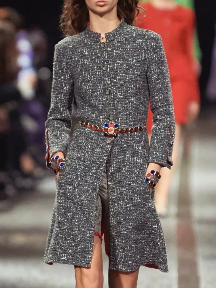 Jacket women's autumn and winter new stand-up collar temperament nine-quarter sleeve gray wool tweed haute couture coat