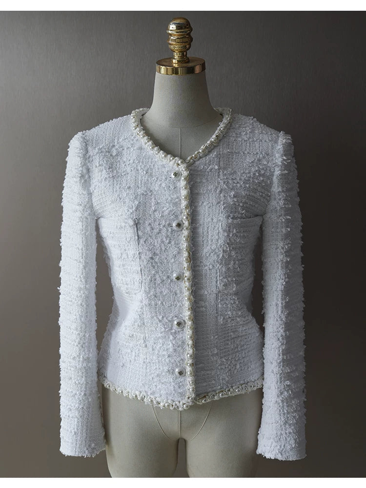 25 spring and summer pearl tweed coat femininity versatile celebrity short top haute couture women's clothing