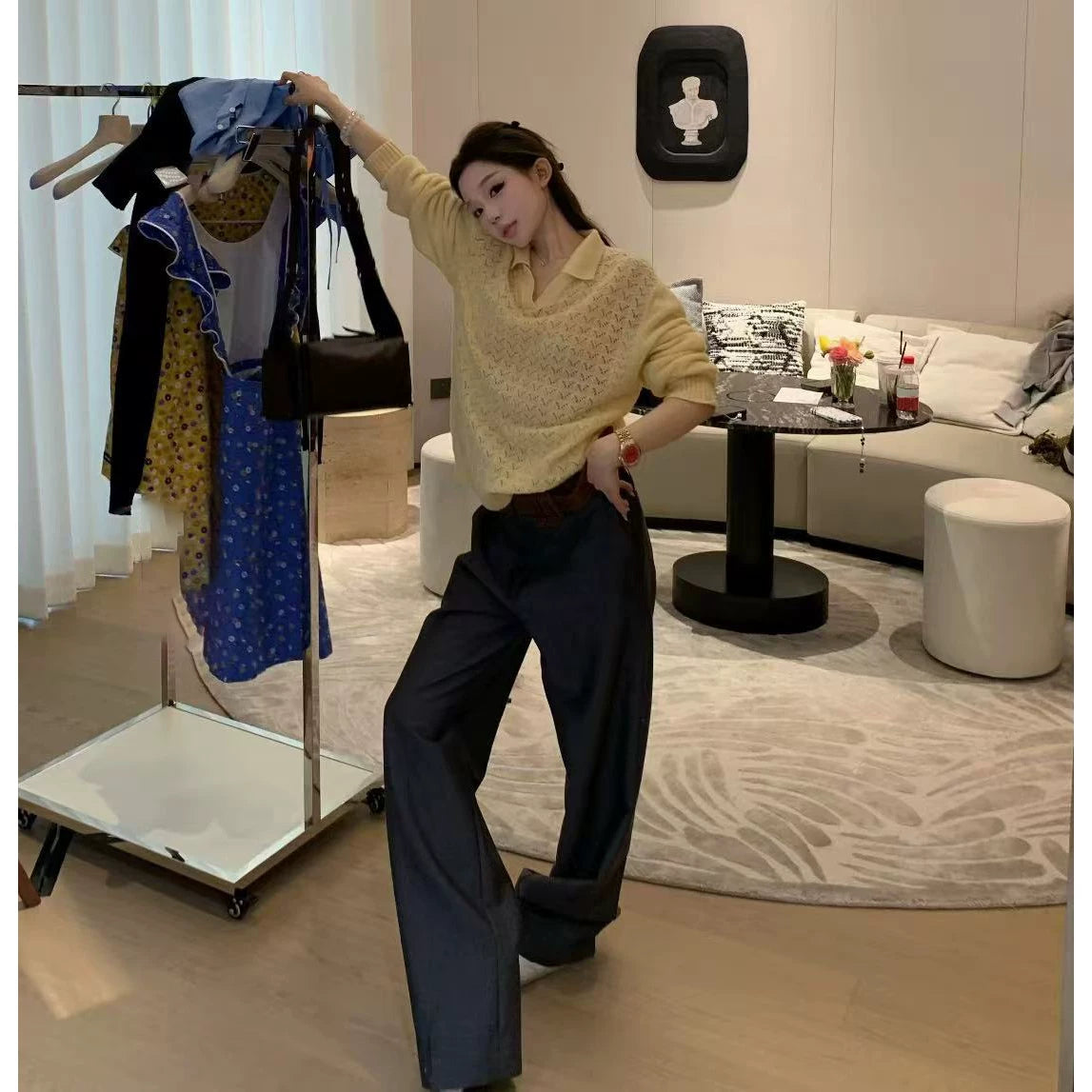 2026 Early Spring College Style Design Sense Gentle Wind V-Neck Letter Embroidery Hollow Knitting Soft Long Sleeve Top Women
