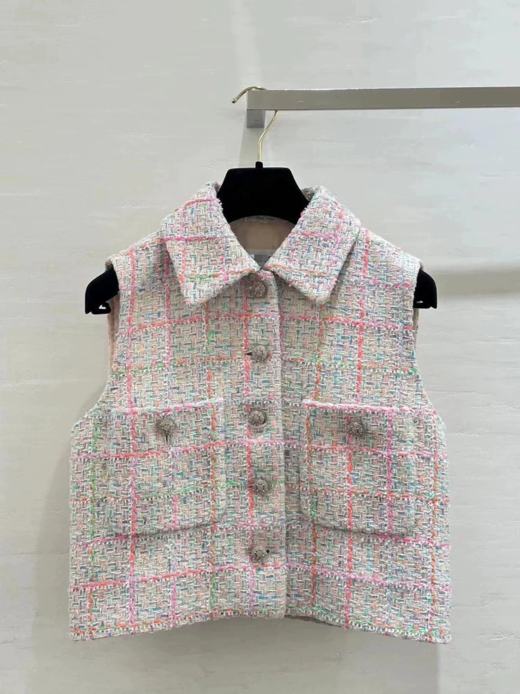 2024 early spring vest women's lapel vest colored plaid tweed celebrity temperament slim top