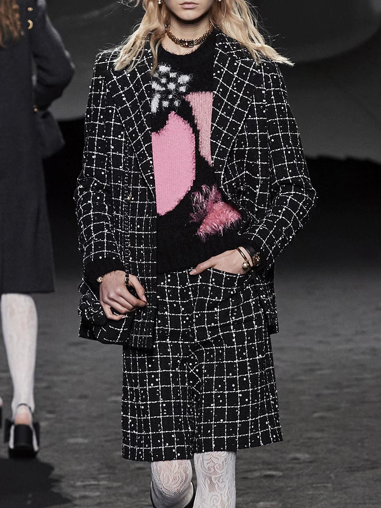 Superior suit jacket casual wide-leg pants women's medium pants five-point pants wool tweed sequin suit