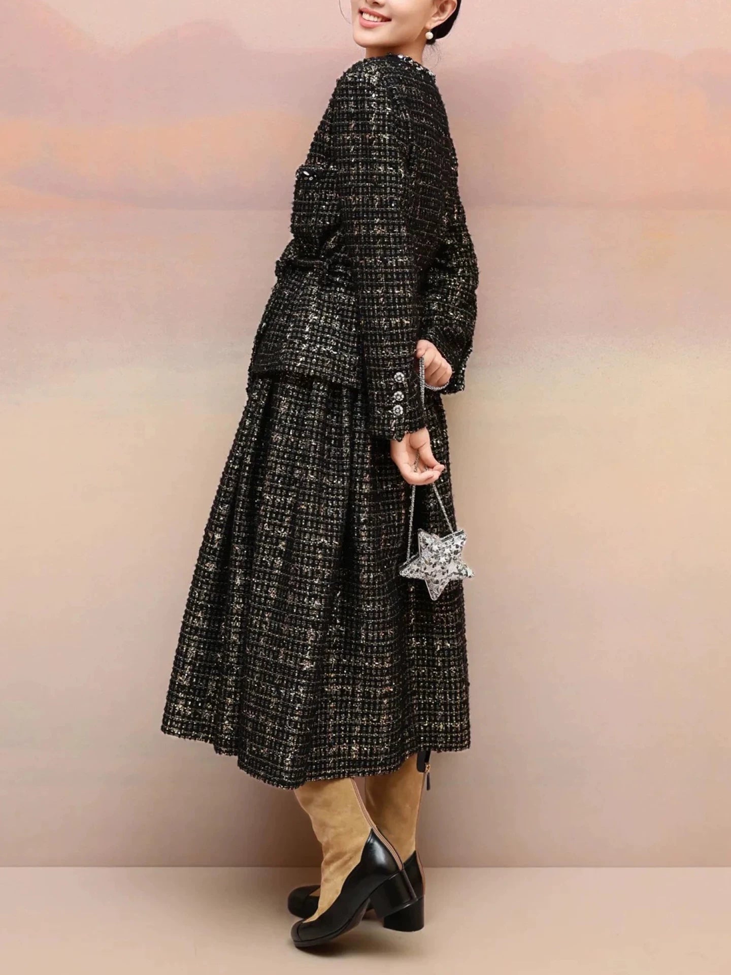 Black gold coat autumn and winter high-end temperament celebrity heavy industry ordered diamonds light luxury tweed big swing skirt women