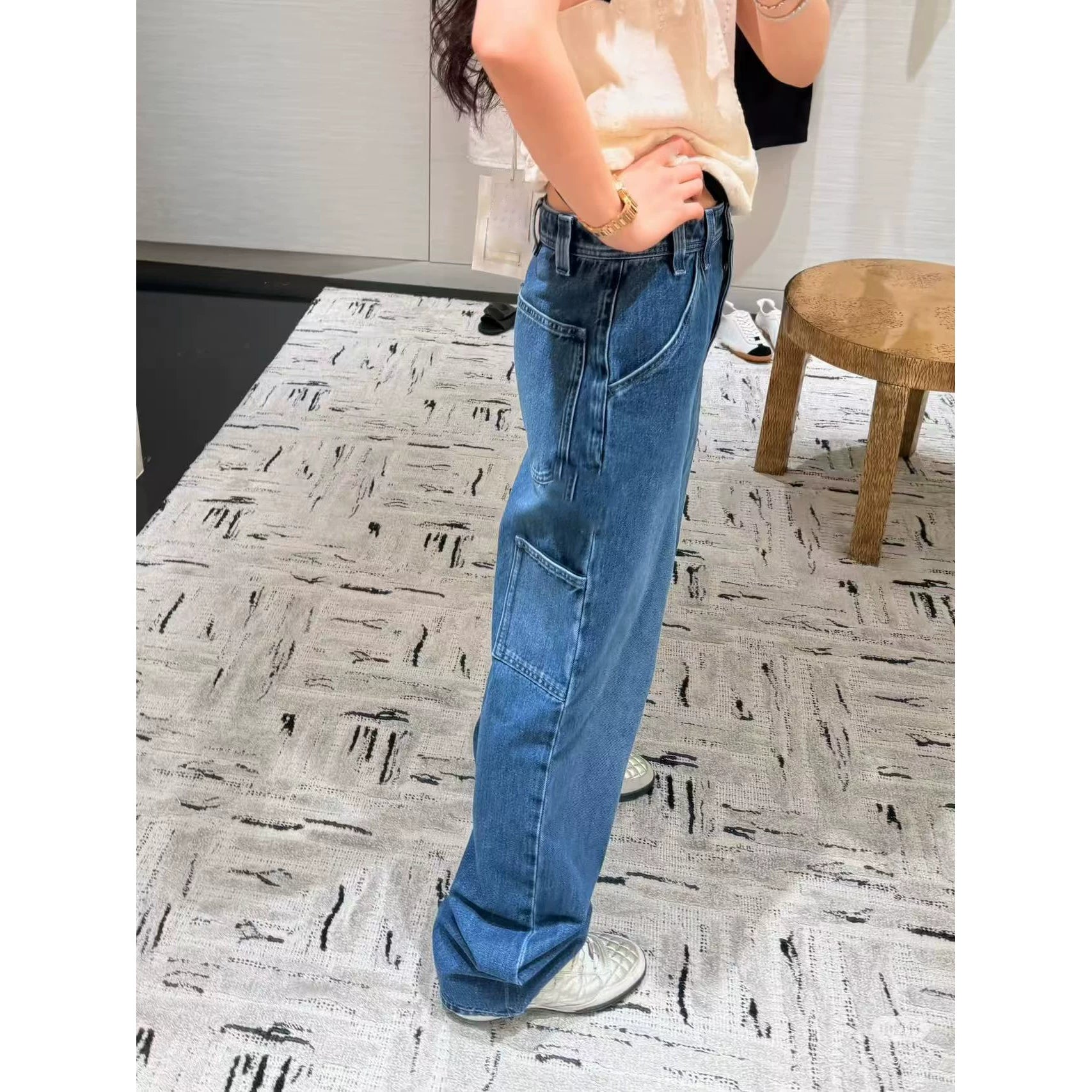 2026 early spring side letters low waist thin legs long denim jeans tooling pockets straight trousers women