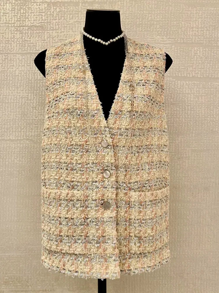 25 New vest women's vest V-neck loose medium and long sleeveless jacket wool tweed woven women's clothing